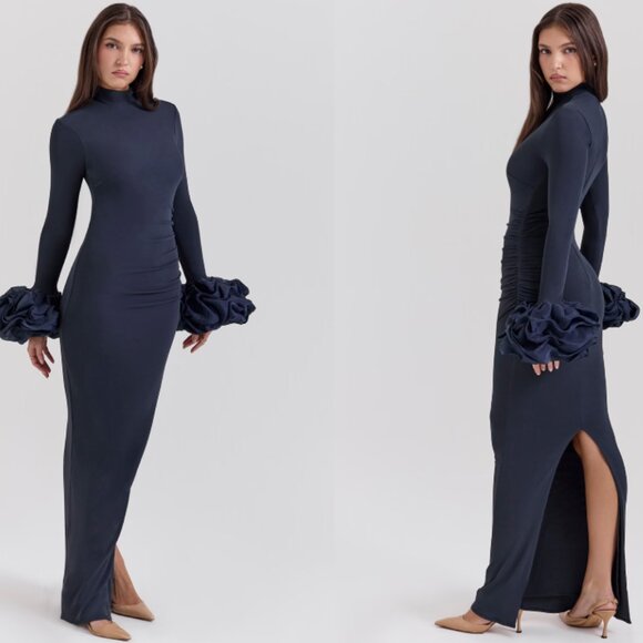 HOUSE OF CB 'Fabienne' Midnight Ruffle Sleeve Maxi Dress NWOT - Picture 4 of 9